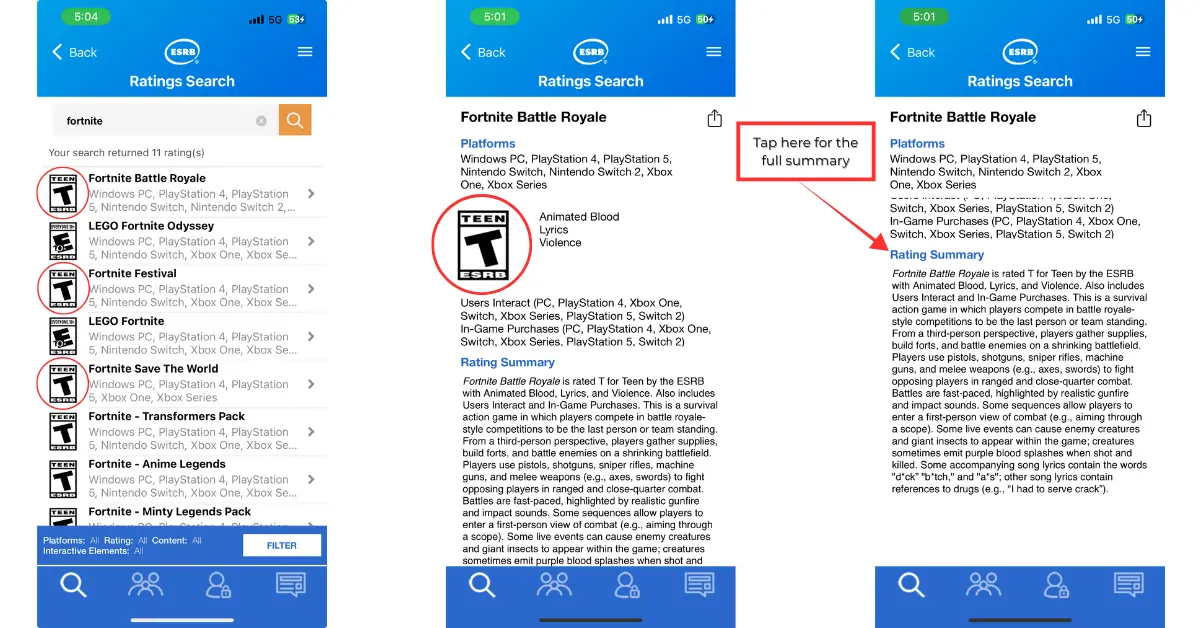 ESRB app search result for Fortnite showing T-rating and content descriptors