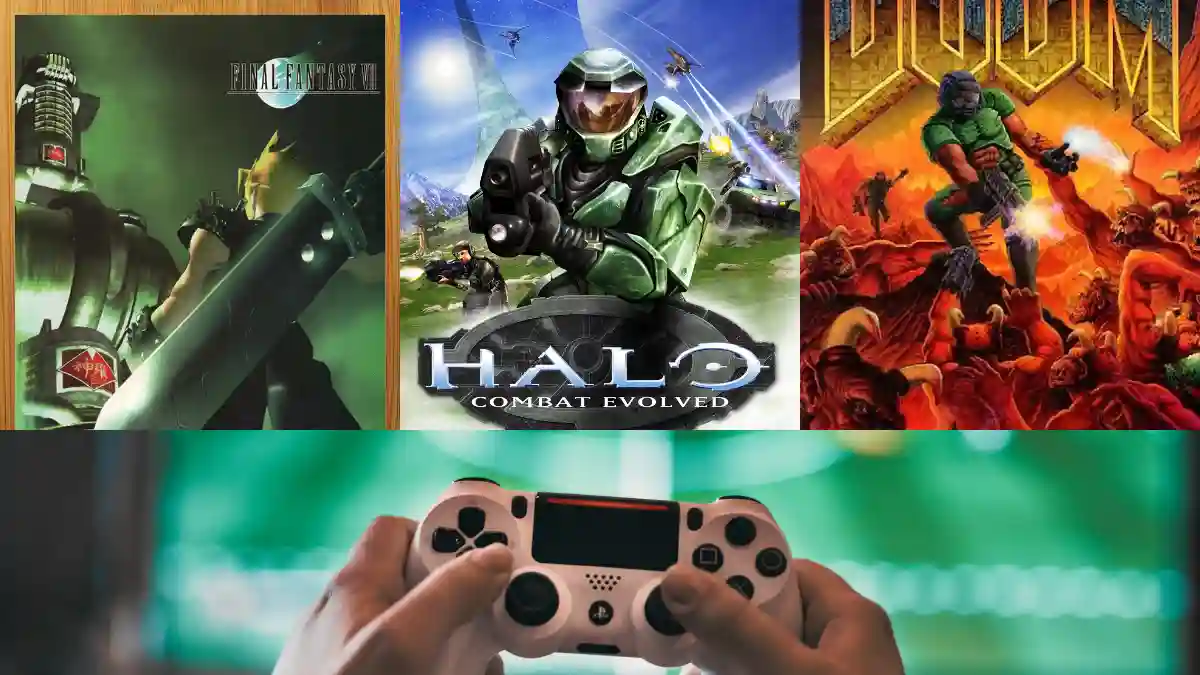 Flat lay of iconic video game posters including Final Fantasy VII and Halo on a neon-lit gaming desk, 2025 collectible edition