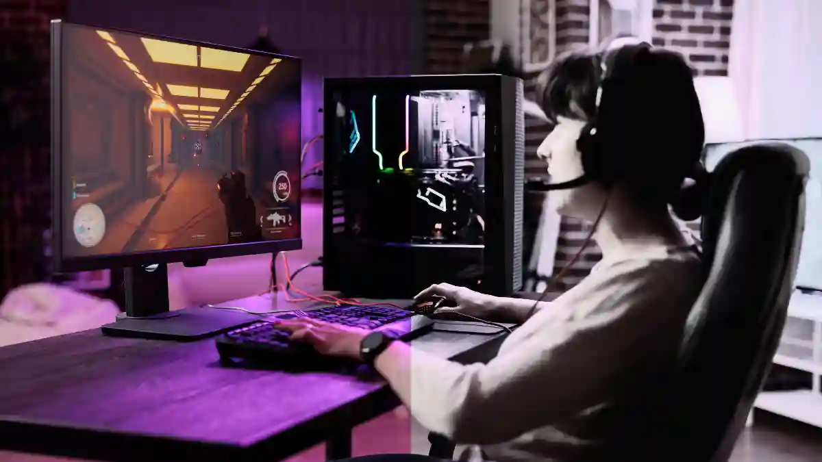 Gaming room showing 6500 K bias lighting behind monitors and 4000 K ambient neutral white