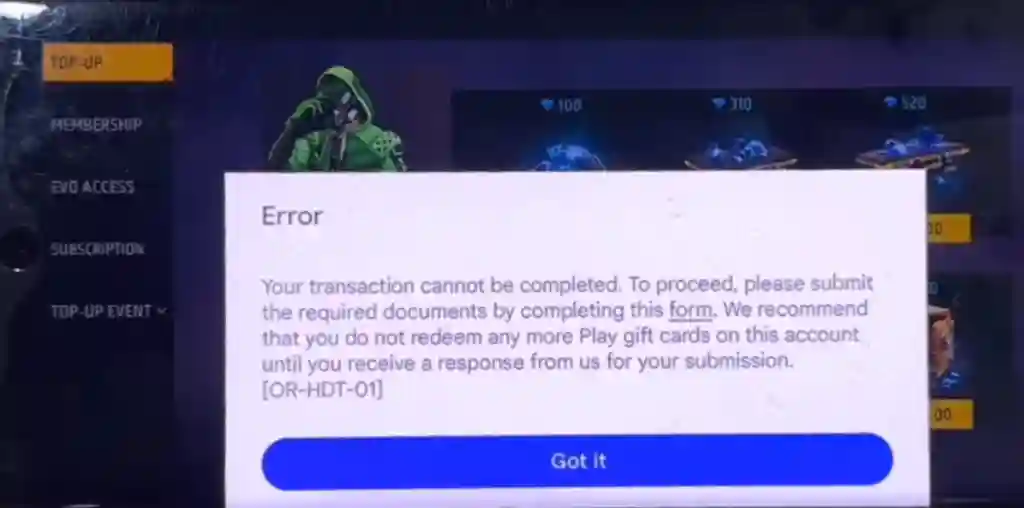 Transaction cannot be completed screenshot