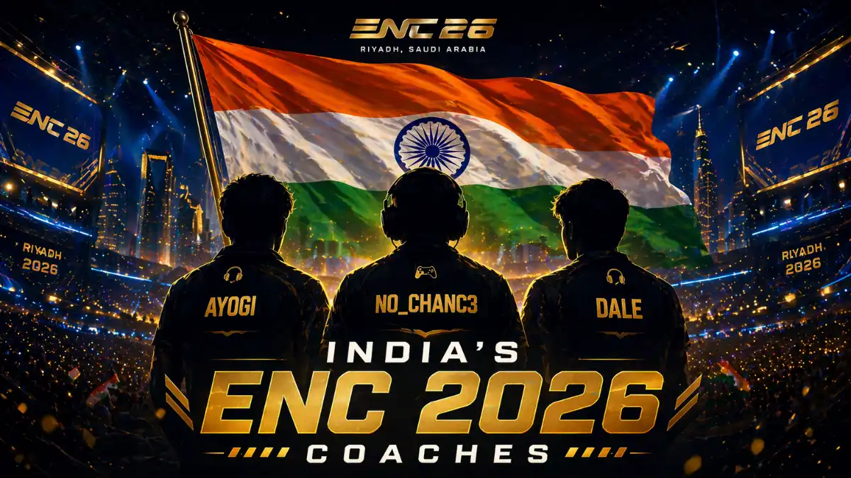 Feature image showing India flag and silhouettes of esports coaches Ayogi, NO_Chanc3, and Dale against a glowing Esports Nations Cup stadium background