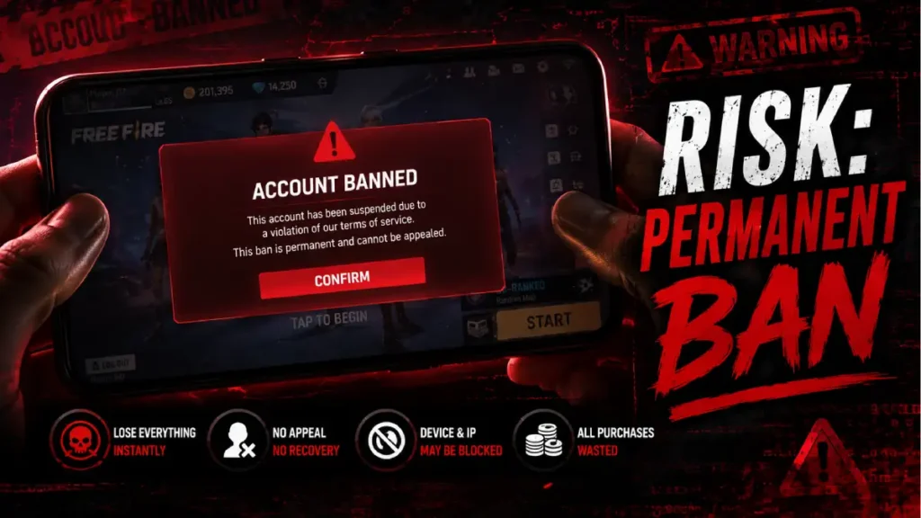 Banned account notification screen with Free Fire branding