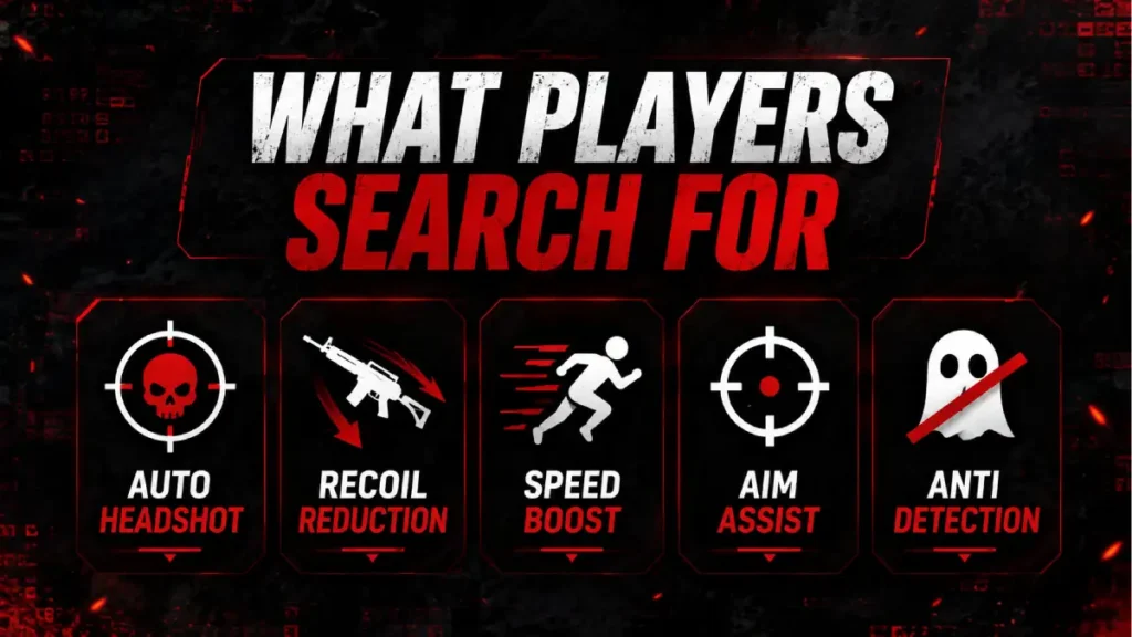 Icons representing auto headshot, aim assist, speed boost cheat claims