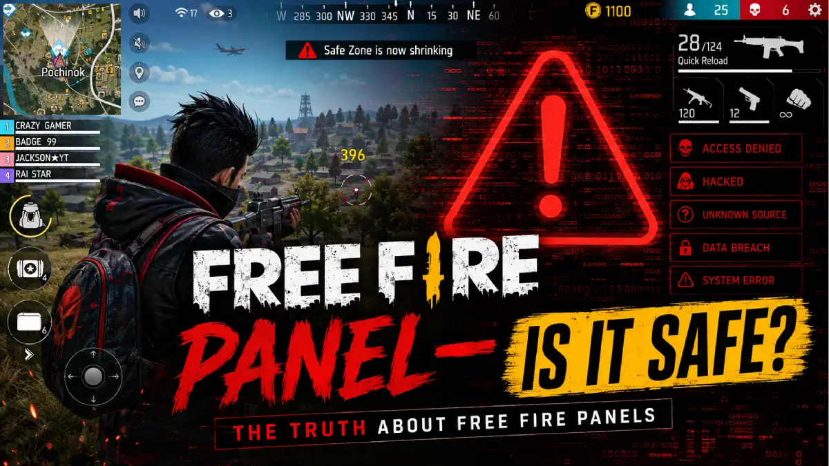 Free Fire mobile screen with warning symbol over hacking panel concept