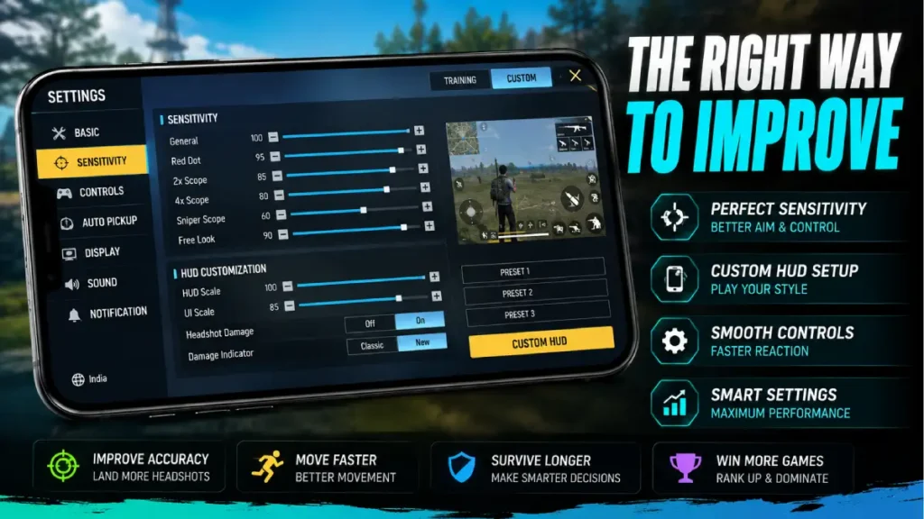 Free Fire settings menu showing sensitivity and HUD customization